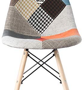 Mid-Century Modern Upholstered Plastic Multicolor Fabric Patchwork DSW Shell Dining Chair with Wooden Dowel Eiffel Legs