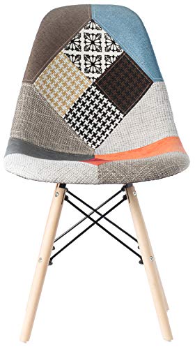 Mid-Century Modern Upholstered Plastic Multicolor Fabric Patchwork DSW Shell Dining Chair with Wooden Dowel Eiffel Legs