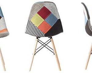 Mid-Century Modern Upholstered Plastic Multicolor Fabric Patchwork DSW Shell Dining Chair with Wooden Dowel Eiffel Legs