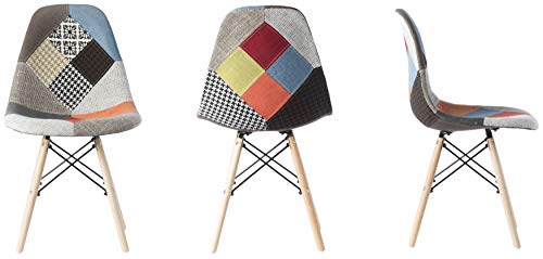 Mid-Century Modern Upholstered Plastic Multicolor Fabric Patchwork DSW Shell Dining Chair with Wooden Dowel Eiffel Legs