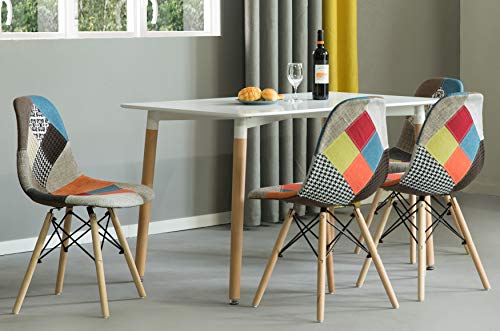 Mid-Century Modern Upholstered Plastic Multicolor Fabric Patchwork DSW Shell Dining Chair with Wooden Dowel Eiffel Legs