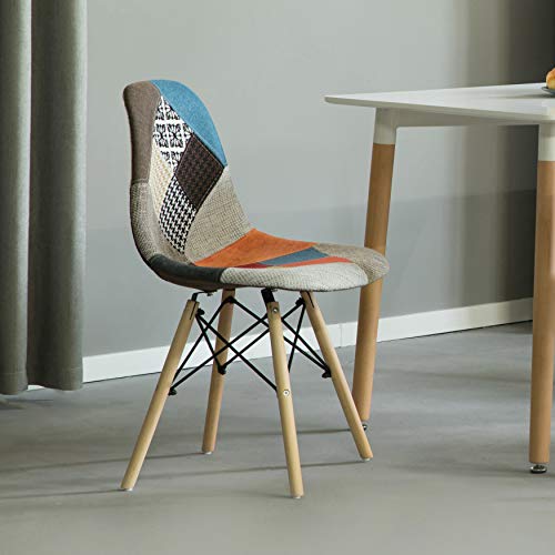 Mid-Century Modern Upholstered Plastic Multicolor Fabric Patchwork DSW Shell Dining Chair with Wooden Dowel Eiffel Legs