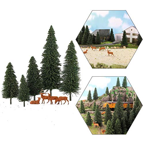 S0804T 20PCS Dark Green Pine Model Cedar Trees 2.05-4.96 inch (52-126 mm) and 4pcs Moose Deer Elk for Model Railroad Scenery Landscape Layout HO OO Scale (Mix Size)