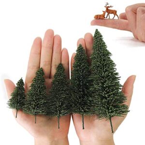 S0804T 20PCS Dark Green Pine Model Cedar Trees 2.05-4.96 inch (52-126 mm) and 4pcs Moose Deer Elk for Model Railroad Scenery Landscape Layout HO OO Scale (Mix Size)