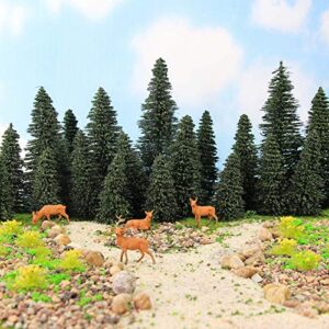 S0804T 20PCS Dark Green Pine Model Cedar Trees 2.05-4.96 inch (52-126 mm) and 4pcs Moose Deer Elk for Model Railroad Scenery Landscape Layout HO OO Scale (Mix Size)