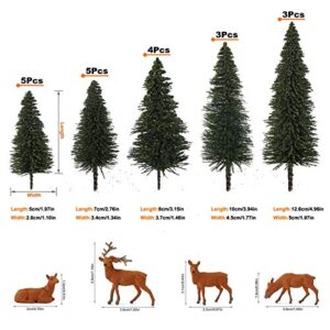 S0804T 20PCS Dark Green Pine Model Cedar Trees 2.05-4.96 inch (52-126 mm) and 4pcs Moose Deer Elk for Model Railroad Scenery Landscape Layout HO OO Scale (Mix Size)