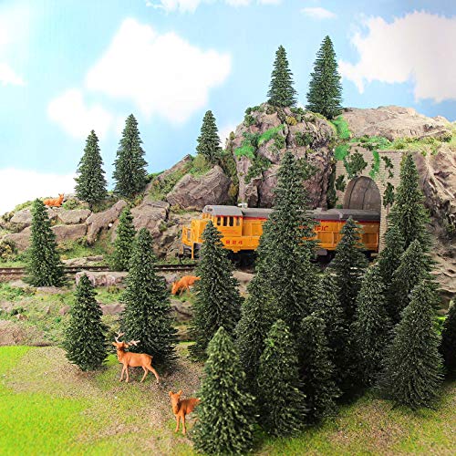 S0804T 20PCS Dark Green Pine Model Cedar Trees 2.05-4.96 inch (52-126 mm) and 4pcs Moose Deer Elk for Model Railroad Scenery Landscape Layout HO OO Scale (Mix Size)