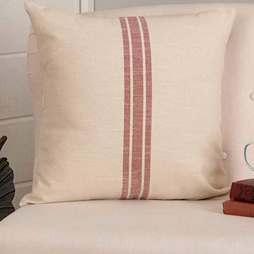 Piper Classics Market Place Red Grain Sack Stripe Throw Pillow Cover, 20" x 20", Farmhouse Décor Red & Cream w/Buttons, Christmas, Patriotic