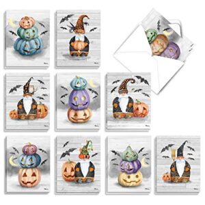 the best card company - 20 happy halloween note cards boxed (10 designs, 2 each) - spooky notecard assortment (4 x 5.12 inch) - gnomes and pumpkins am3374hwg-b2x10