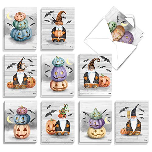 The Best Card Company - 20 Happy Halloween Note Cards Boxed (10 Designs, 2 Each) - Spooky Notecard Assortment (4 x 5.12 Inch) - Gnomes and Pumpkins AM3374HWG-B2x10