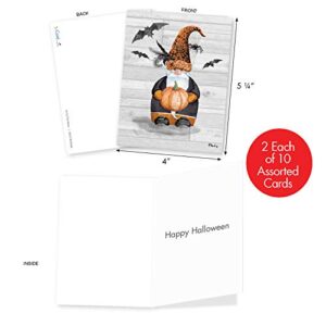 The Best Card Company - 20 Happy Halloween Note Cards Boxed (10 Designs, 2 Each) - Spooky Notecard Assortment (4 x 5.12 Inch) - Gnomes and Pumpkins AM3374HWG-B2x10