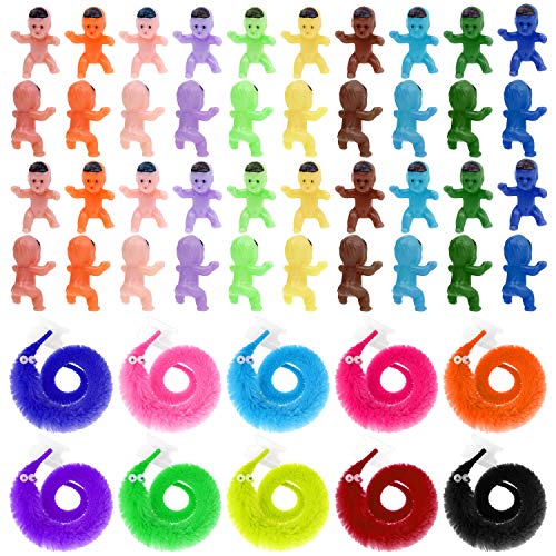 selizo Worm On A String and Tiny Babies, 100Pcs Mini Plastic Babies with 20Pcs Fuzzy Worms On String Bulk for Small Baby Shower Ice Cube Games Party Favors Supplies