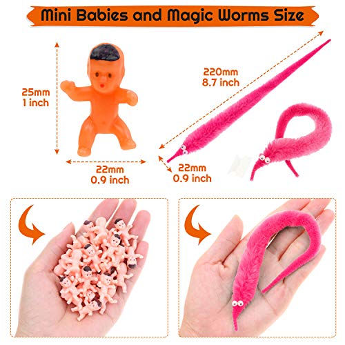 selizo Worm On A String and Tiny Babies, 100Pcs Mini Plastic Babies with 20Pcs Fuzzy Worms On String Bulk for Small Baby Shower Ice Cube Games Party Favors Supplies