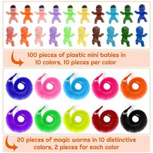 selizo Worm On A String and Tiny Babies, 100Pcs Mini Plastic Babies with 20Pcs Fuzzy Worms On String Bulk for Small Baby Shower Ice Cube Games Party Favors Supplies