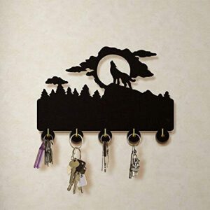 howling wolf key hook-wildlife animal wall hooks,wall door clothes coat hat hanger key holder with 5 metal hooks strong adhesive sticker wood hook, wildlife animal home décor.(w1)
