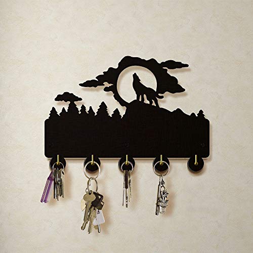 Howling Wolf Key Hook-Wildlife Animal Wall Hooks,Wall Door Clothes Coat Hat Hanger Key Holder with 5 Metal Hooks Strong Adhesive Sticker Wood Hook, Wildlife Animal Home Décor.(W1)