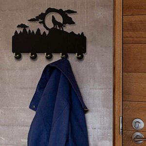 Howling Wolf Key Hook-Wildlife Animal Wall Hooks,Wall Door Clothes Coat Hat Hanger Key Holder with 5 Metal Hooks Strong Adhesive Sticker Wood Hook, Wildlife Animal Home Décor.(W1)