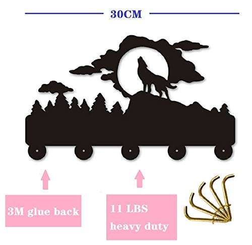 Howling Wolf Key Hook-Wildlife Animal Wall Hooks,Wall Door Clothes Coat Hat Hanger Key Holder with 5 Metal Hooks Strong Adhesive Sticker Wood Hook, Wildlife Animal Home Décor.(W1)