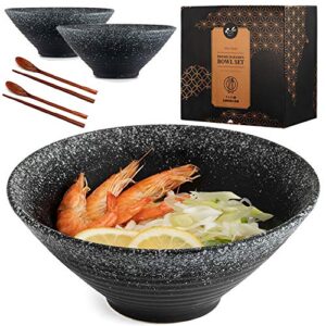 alex kato ceramic japanese ramen bowls set of 2 - 60 ounce large noodle soup bowl, with chopsticks and spoon for asian pho udon soba (black)