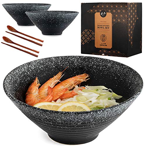 Alex Kato Ceramic Japanese Ramen Bowls Set of 2 - 60 ounce Large Noodle Soup Bowl, with Chopsticks and Spoon for Asian Pho Udon Soba (Black)