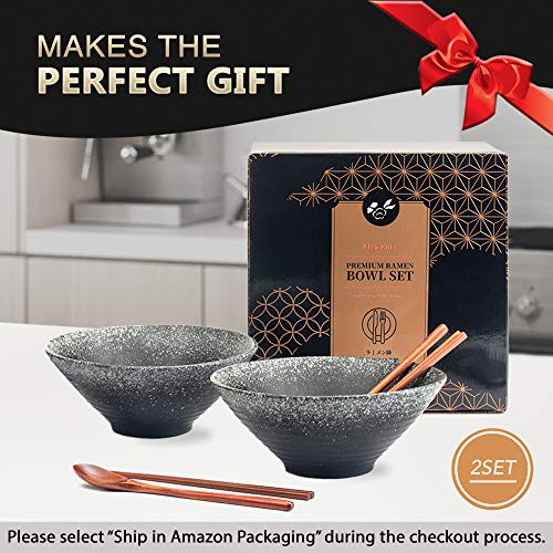 Alex Kato Ceramic Japanese Ramen Bowls Set of 2 - 60 ounce Large Noodle Soup Bowl, with Chopsticks and Spoon for Asian Pho Udon Soba (Black)