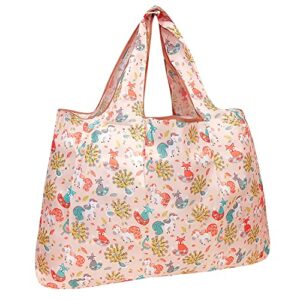 bowbear foldable nylon reusable shopping grocery bag, foxes unicorns & peacocks