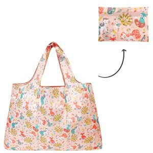 Bowbear Foldable Nylon Reusable Shopping Grocery Bag, Foxes Unicorns & Peacocks