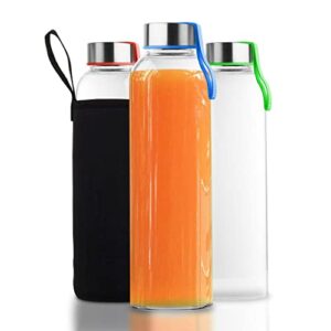 chef's star drinking bottles, 18 oz reusable clear glass bottles, smoothie, juice glass water bottles, stainless steel leak proof caps, wide mouth, sleeve and cleaning brush, pack of 3
