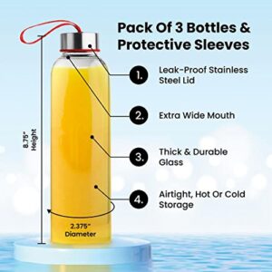 Chef's Star Drinking Bottles, 18 oz Reusable Clear Glass Bottles, Smoothie, Juice Glass Water Bottles, Stainless Steel Leak Proof Caps, Wide Mouth, Sleeve and Cleaning Brush, Pack of 3