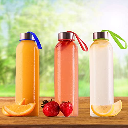 Chef's Star Drinking Bottles, 18 oz Reusable Clear Glass Bottles, Smoothie, Juice Glass Water Bottles, Stainless Steel Leak Proof Caps, Wide Mouth, Sleeve and Cleaning Brush, Pack of 3