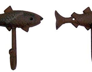 Primitive Brown Fish Cast Iron Anchor Wall Hooks, 5 1/4 Inches, Set of 2