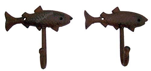 Primitive Brown Fish Cast Iron Anchor Wall Hooks, 5 1/4 Inches, Set of 2