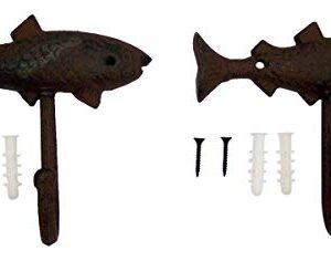 Primitive Brown Fish Cast Iron Anchor Wall Hooks, 5 1/4 Inches, Set of 2