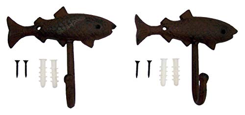 Primitive Brown Fish Cast Iron Anchor Wall Hooks, 5 1/4 Inches, Set of 2