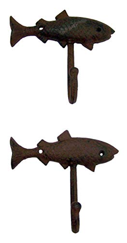 Primitive Brown Fish Cast Iron Anchor Wall Hooks, 5 1/4 Inches, Set of 2