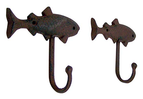 Primitive Brown Fish Cast Iron Anchor Wall Hooks, 5 1/4 Inches, Set of 2