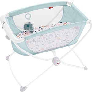fisher-price baby crib rock with me bassinet portable cradle with mesh sides and 1 toy, folds for travel, pacific pebble