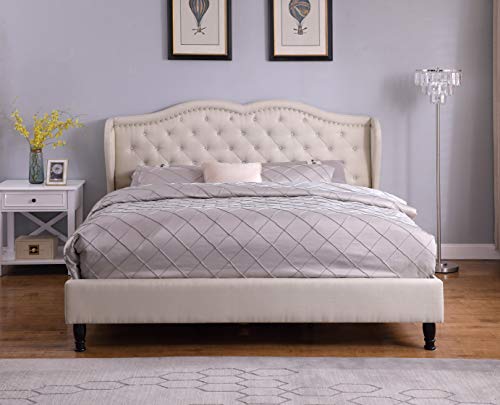 Home Life Premiere Curved Classics Cloth Light Beige Linen 51" Tall Headboard Platform Bed with Slats Full - 019