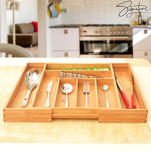 Signature Living Bamboo Expandable Utensil Drawer Organizer, Premium Bamboo for Cutlery, Flatware, Silverware - Drawer Dividers for Easy Storage