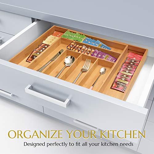 Signature Living Bamboo Expandable Utensil Drawer Organizer, Premium Bamboo for Cutlery, Flatware, Silverware - Drawer Dividers for Easy Storage