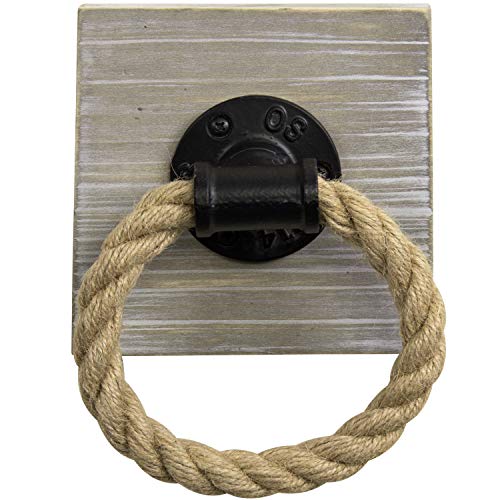 MyGift Wall Mounted Natural Rope Hand Towel Ring Holder for Bathroom with 5 x 5 Inch Vintage Brown Washed Solid Wood Backing and Industrial Pipe Accent