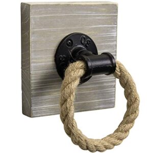 MyGift Wall Mounted Natural Rope Hand Towel Ring Holder for Bathroom with 5 x 5 Inch Vintage Brown Washed Solid Wood Backing and Industrial Pipe Accent