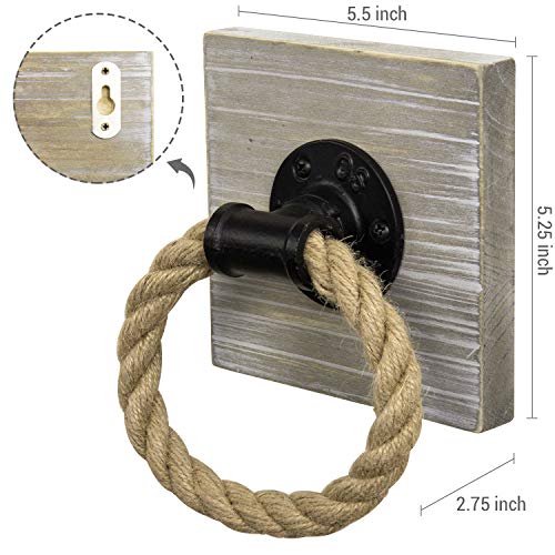 MyGift Wall Mounted Natural Rope Hand Towel Ring Holder for Bathroom with 5 x 5 Inch Vintage Brown Washed Solid Wood Backing and Industrial Pipe Accent