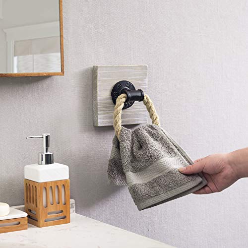 MyGift Wall Mounted Natural Rope Hand Towel Ring Holder for Bathroom with 5 x 5 Inch Vintage Brown Washed Solid Wood Backing and Industrial Pipe Accent