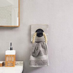 MyGift Wall Mounted Natural Rope Hand Towel Ring Holder for Bathroom with 5 x 5 Inch Vintage Brown Washed Solid Wood Backing and Industrial Pipe Accent