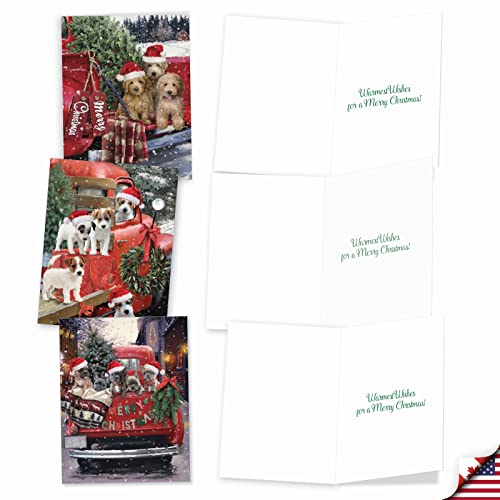 NobleWorks Variety Pack of 20 Christmas Greeting Cards with Envelopes, Humor Holiday Assortment for Men and Women (10 Designs, 2 Each) - Red Truck Puppies AM3375XSG-B2x10