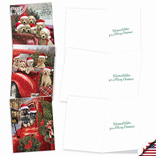 NobleWorks Variety Pack of 20 Christmas Greeting Cards with Envelopes, Humor Holiday Assortment for Men and Women (10 Designs, 2 Each) - Red Truck Puppies AM3375XSG-B2x10