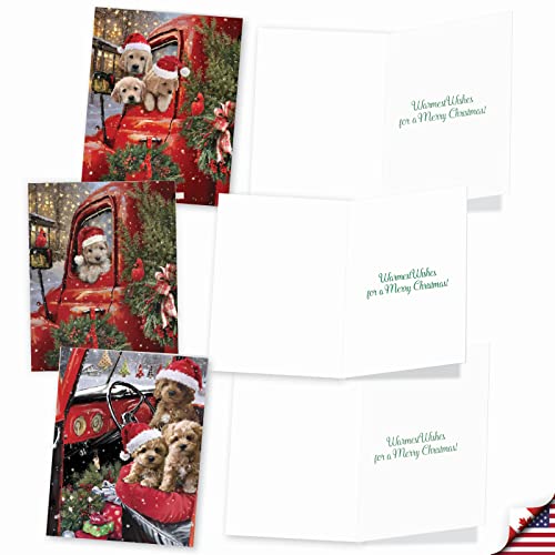 NobleWorks Variety Pack of 20 Christmas Greeting Cards with Envelopes, Humor Holiday Assortment for Men and Women (10 Designs, 2 Each) - Red Truck Puppies AM3375XSG-B2x10