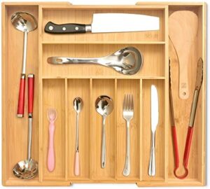 signature living bamboo expandable utensil drawer organizer, premium bamboo for cutlery, flatware, silverware - drawer dividers for easy storage (7-9 slots)