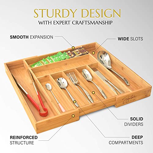 Signature Living Bamboo Expandable Utensil Drawer Organizer, Premium Bamboo for Cutlery, Flatware, Silverware - Drawer Dividers for Easy Storage (7-9 Slots)